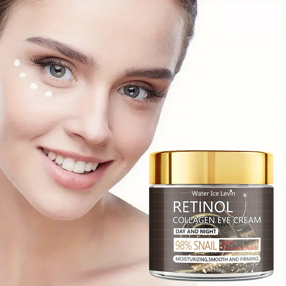 Water Ice Levin Retinol & 98% Snail Collagen Eye Cream - Day and Night Use for Deep Moisturizing, Smoothing & Firming.